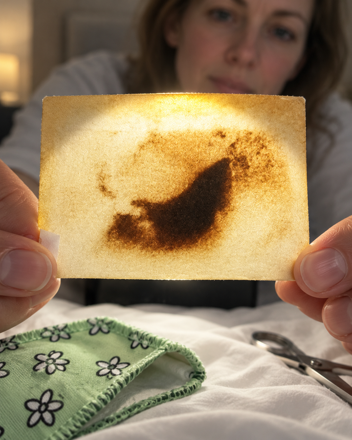 Holding the opened inner panel to a phone light, dark trapped debris visible against the glow, with the cut-open card and scissors beside it
