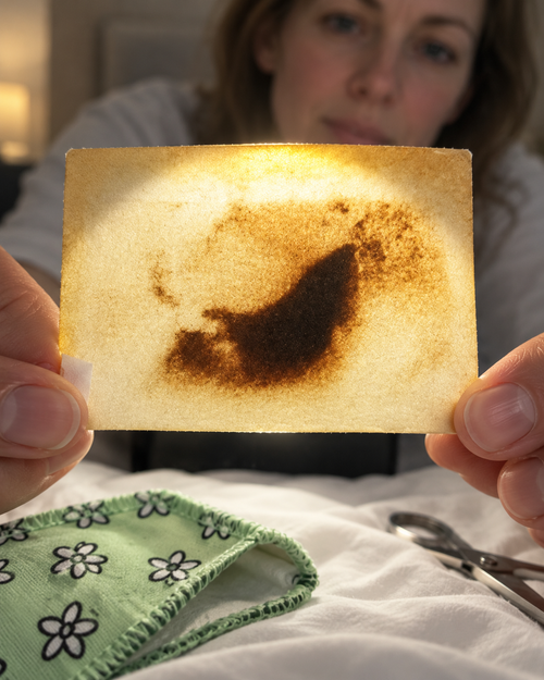 Holding the opened inner panel to a phone light, dark trapped debris visible against the glow, with the cut-open card and scissors beside it