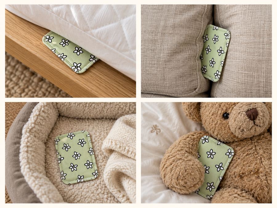 Four places to put a CaptureCard: under the mattress, between sofa cushions, in a pet bed and beside a plush toy