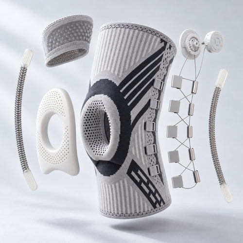 Exploded view: dial, cable lacing, gel ring, spring stays, grip band and knit sleeve